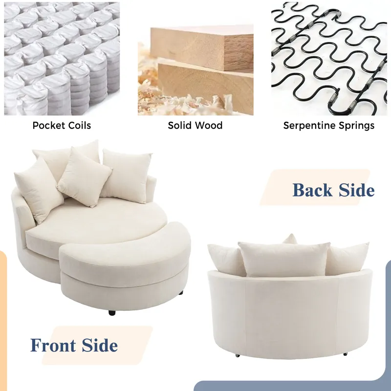 360° Swivel Accent Barrel Chair With Storage Ottoman & 4 Pillows, Modern Chenille Leisure Chair Round Accent For Living Room - Cream