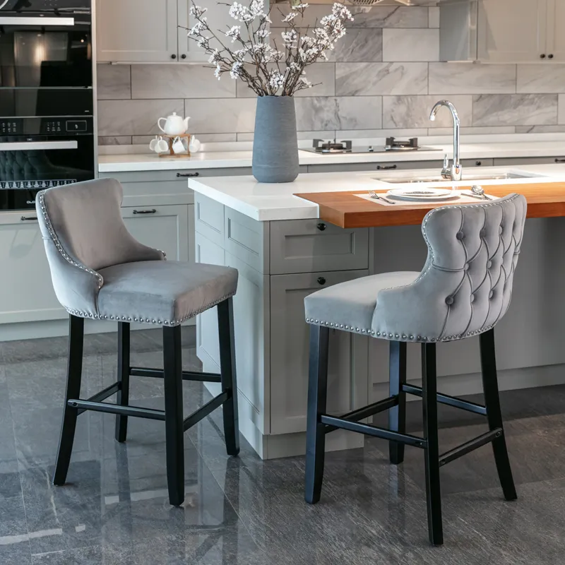 Contemporary Velvet Upholstered Wing-Back Barstools With Button Tufted Decoration And Wooden Legs, A