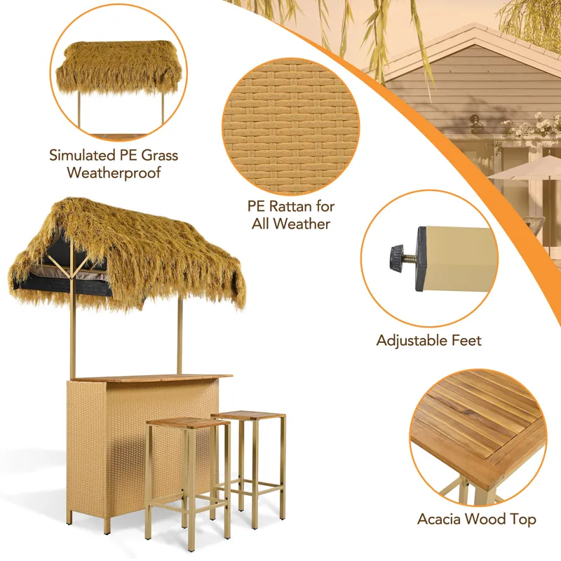 Hawaiian-Style Bar Height Patio Set With PE Grass Canopy, Outdoor Bar Table And Stools With Adjustab