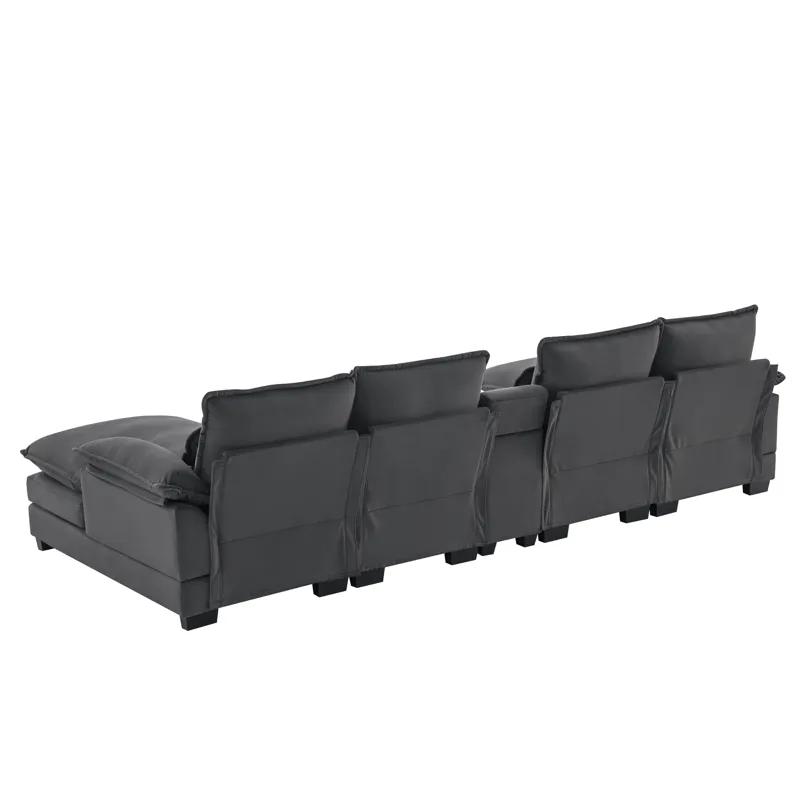 Modern U Shaped Sofa With Console, Cupholders And USB Ports, 6 Seat Upholstered Symmetrical Indoor F