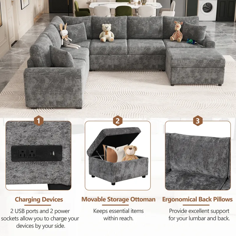 Sectional Sofa Pull-Out Sofa Bed Sleeper With A Storage Ottoman, Three Pillows And Charging Devices 
