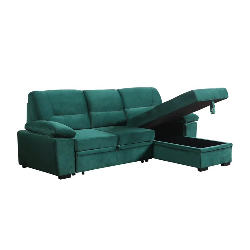 Kipling - Velvet Fabric Reversible Sleeper Sectional Sofa Chaise - Green