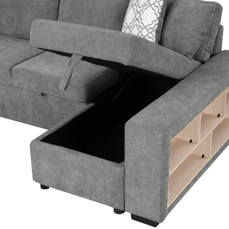 U-Shaped Sectional Sofa Pull-Out Sofa Bed With Two USB Ports, A Storage Chaise Lounge And Four Back 