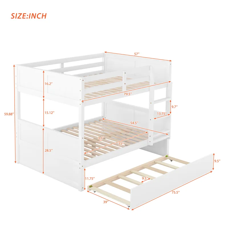 Full Over Full Bunk Bed With Twin Size Trundle - White