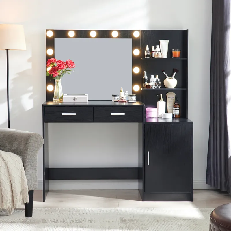 Vanity Desk With Mirror And Lights, 46.4In Dressing Table With 2 Large Drawer & Large Vertical Organ
