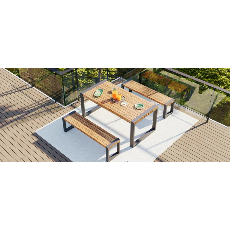 3 Pieces Outdoor Dining Table With 2 Benches, Patio Dining Set With Unique Top Texture, Acacia Wood 
