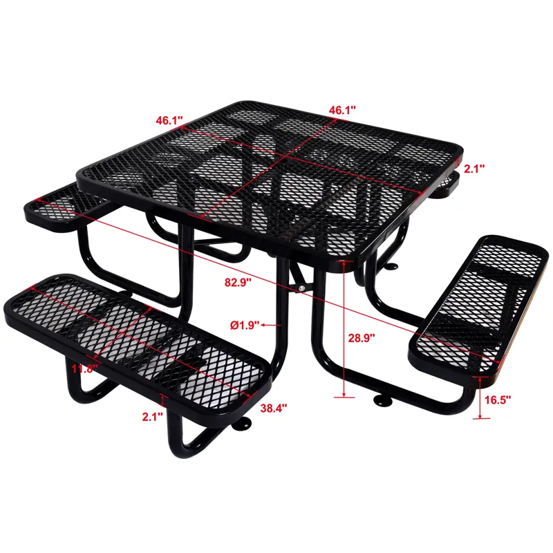 Square Outdoor Steel Picnic Table , With Umbrella Pole - Black