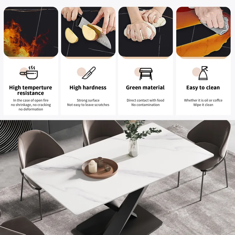 63\" Modern Artificial Stone Straight Edge Metal X-Leg Dining Table, 6 People - White / Black