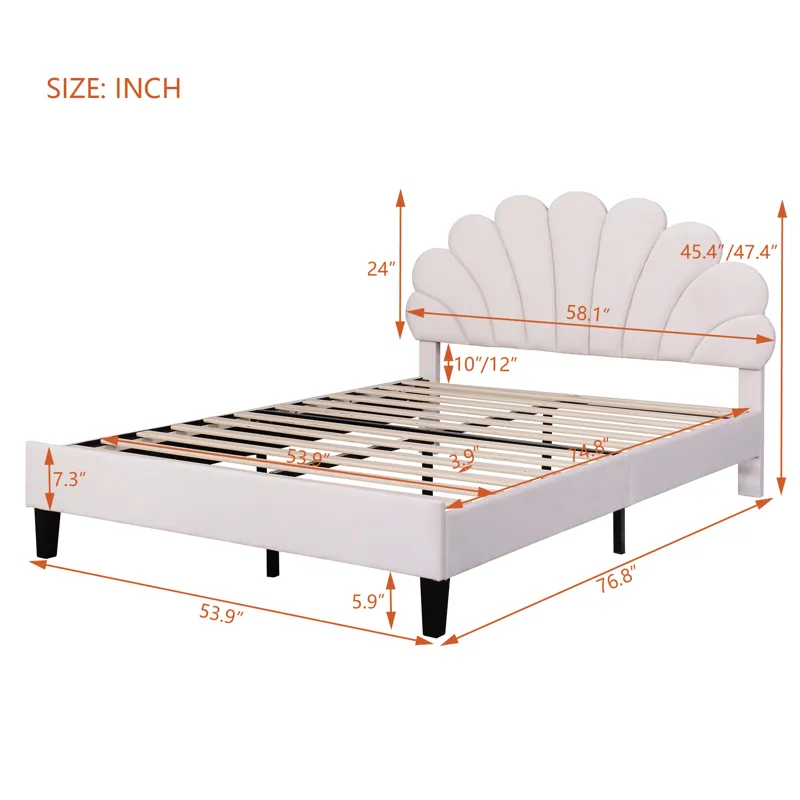 Full Size Upholstered Platform Bed With Flower Pattern Velvet Headboard - Beige