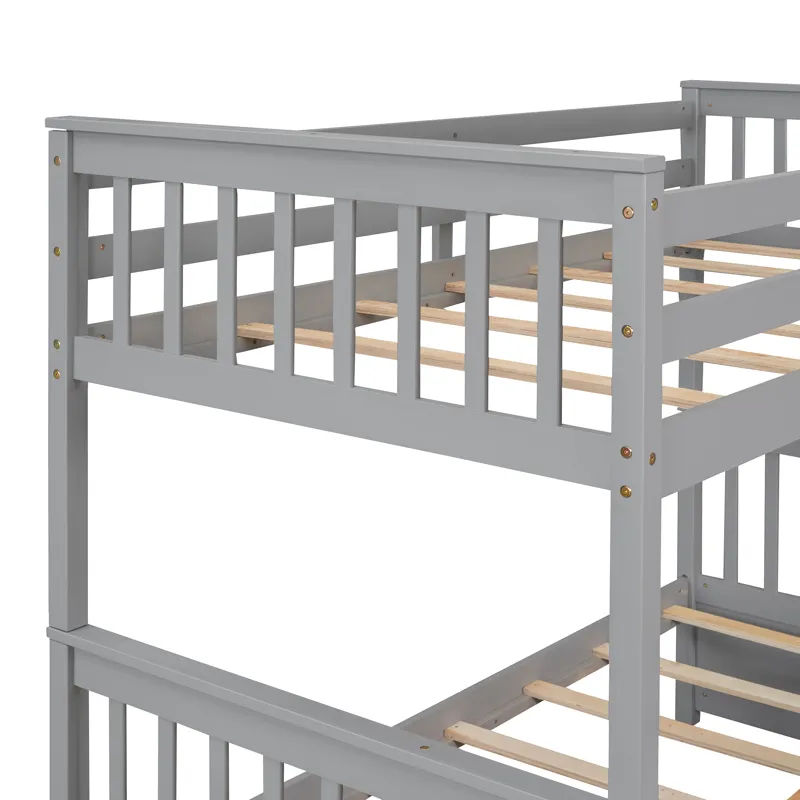 Twin Over Full Bunk Bed With Ladders And Two Storage Drawers - Gray