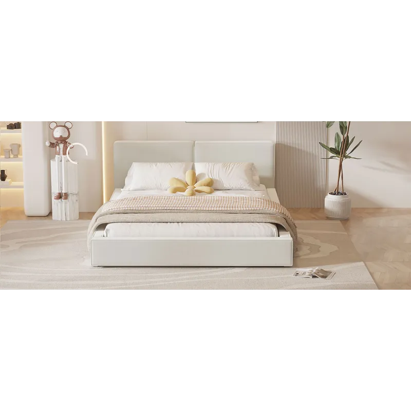 Queen Size Upholstered Platform Bed With , Grounded Bed With Solid Frame - Beige