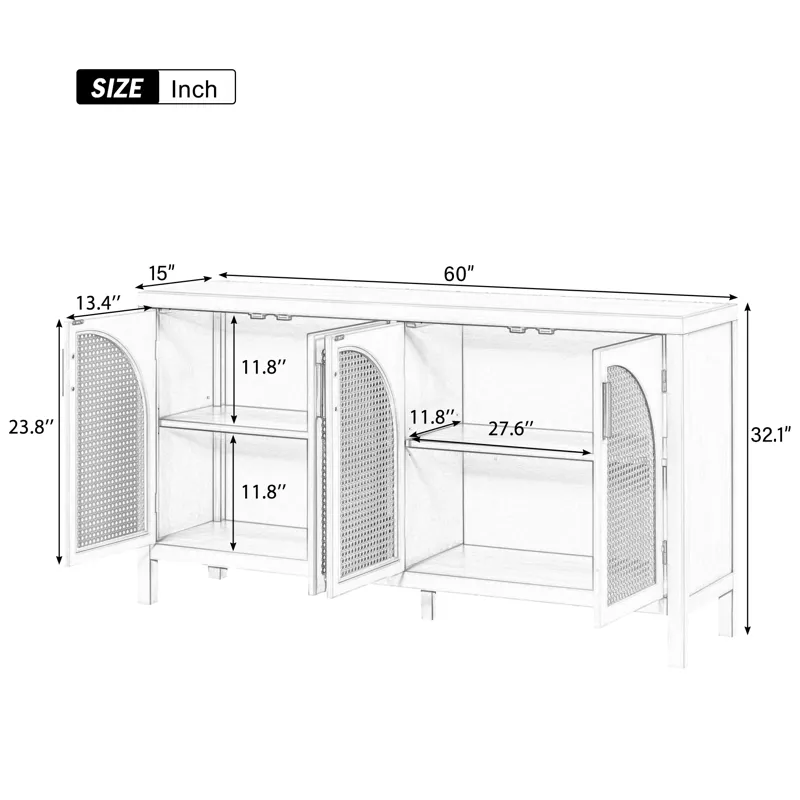 Large Storage Space Sideboard With Artificial Rattan Door And Metal Handles For Living Room And Entr