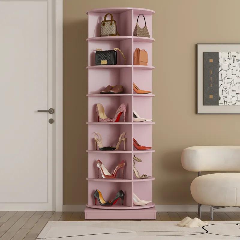 New 360 Rotating Shoe Cabinet With 7 Layers Can Accommodate Up To 28 Paris Shoes - Pink