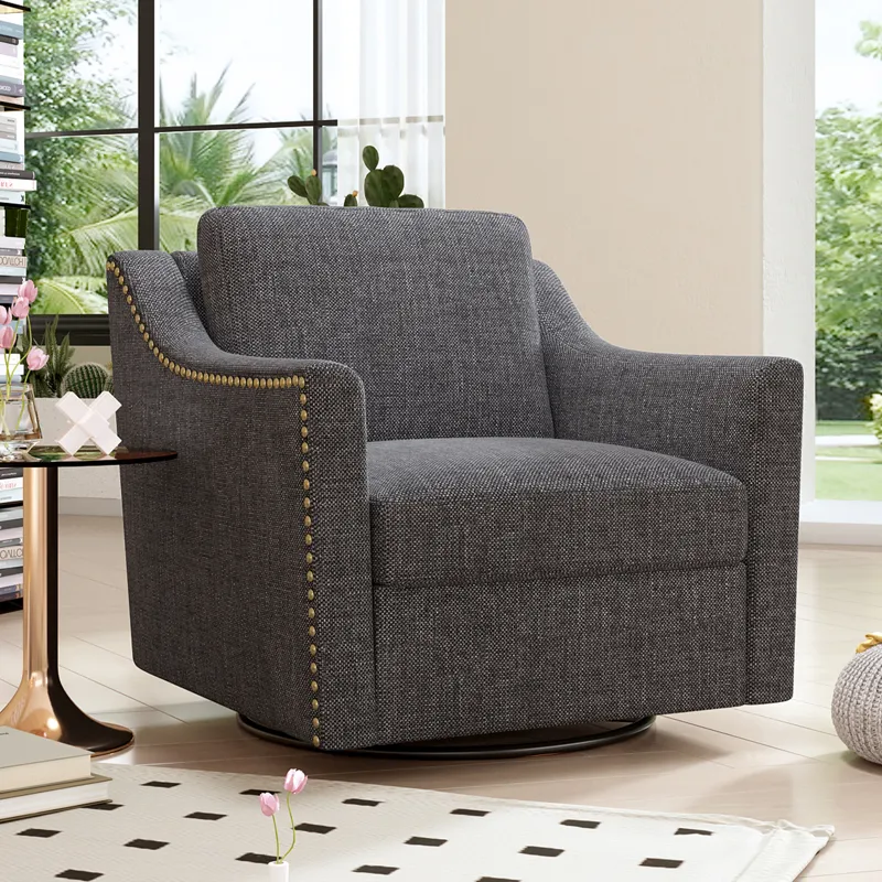 360 Degree Swivel Armchair Cotton Linen Skin-Friendly Fabric Ergonomic Design Brass Nail Decorative 