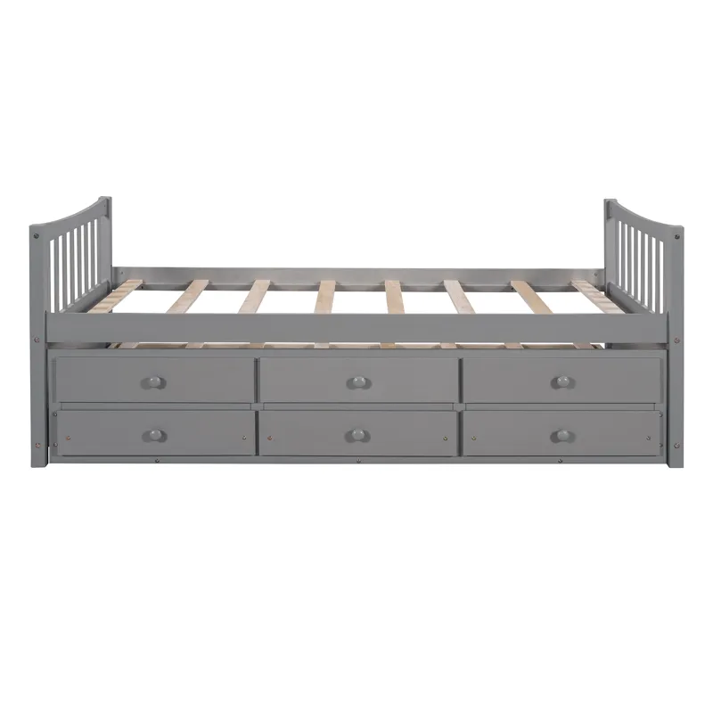 Twin Size Daybed With Trundle And Drawers - Gray