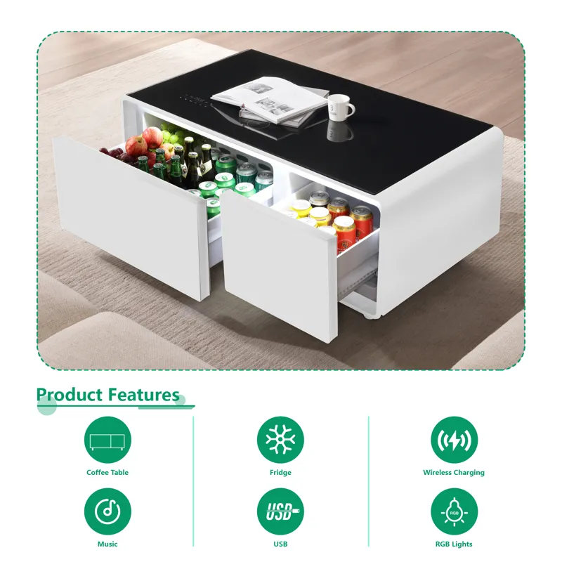 Modern Smart Coffee Table With Built-In Fridge, Bluetooth Speaker, Wireless Charging, Touch Control 