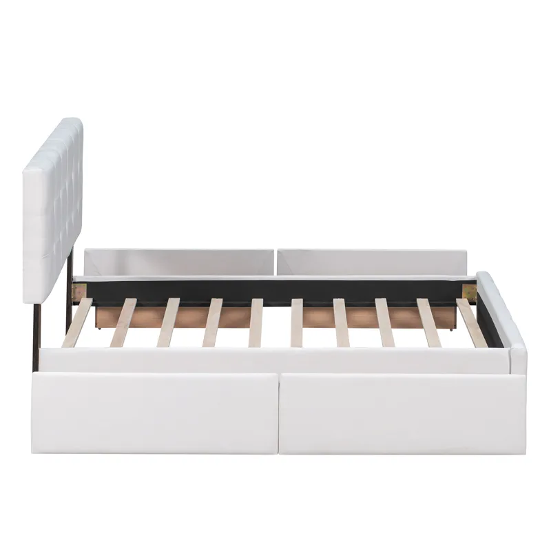 Queen Size Upholstered Platform Bed With Classic Headboard And 4 Drawers, No Box Spring Needed - Whi