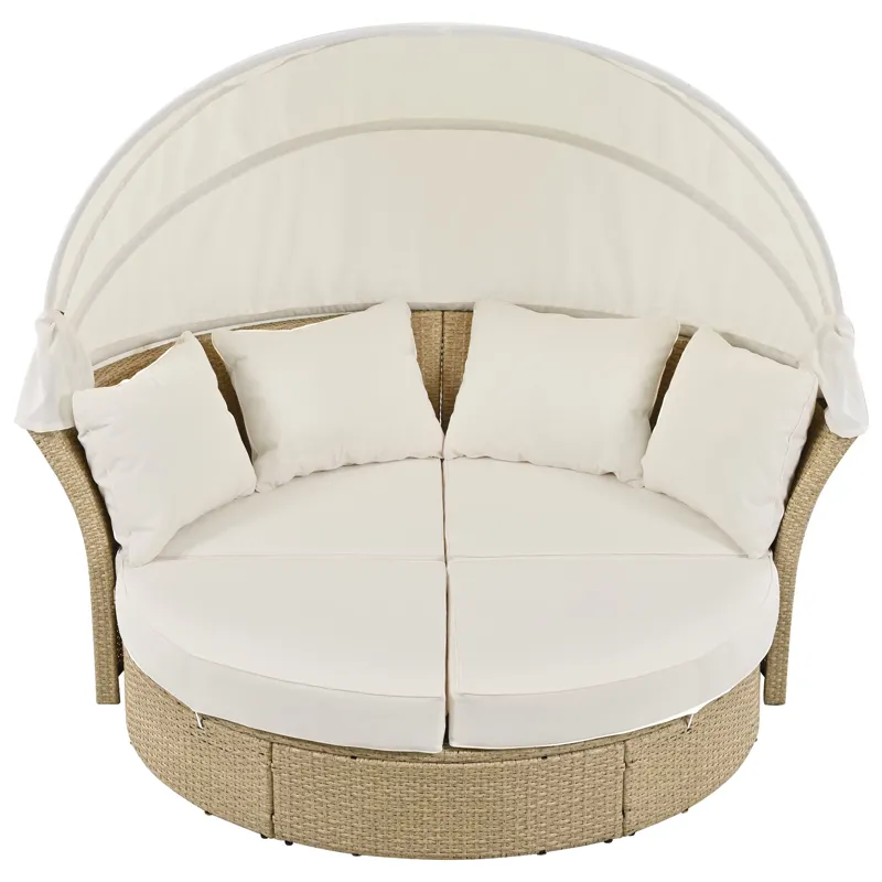 Outdoor Patio Daybed Wicker Rattan Double Daybed Round Sofa Furniture Set With Retractable Canopy, 4