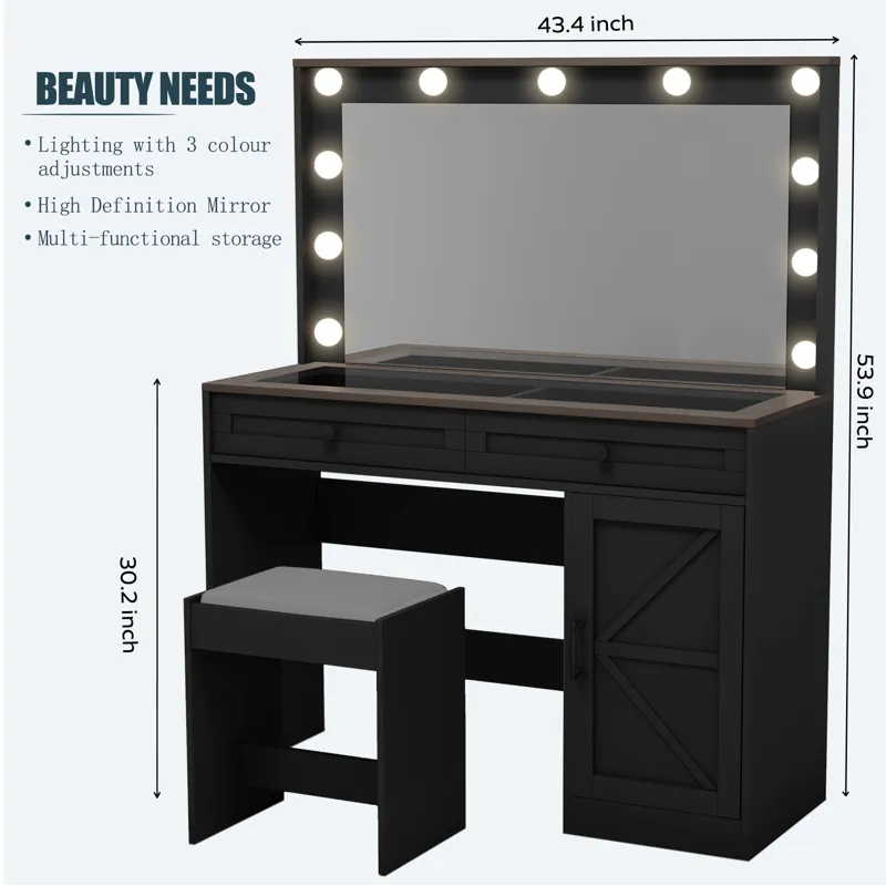 Makeup Vanity Table, Makeup Table With Large Mirror And 11 LED Light, Brightness Adjustable, Dressin