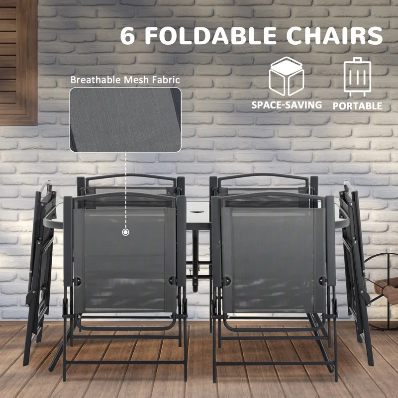 Outsunny - 8 Piece Patio Dining Set With Table Umbrella, 6 Folding Chairs And Rectangle Dining Table