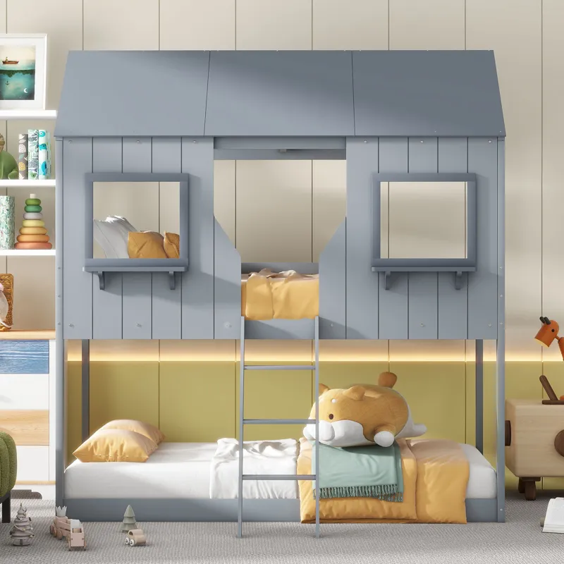 78\" Twin Over Twin Bunk Bed Wood Bed With Roof, Window, Guardrail, Ladder - Gray
