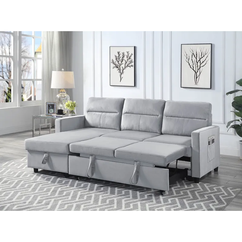 Ruby - Velvet Reversible Sleeper Sectional Sofa With Storage Chaise And Side Pocket - Light Gray