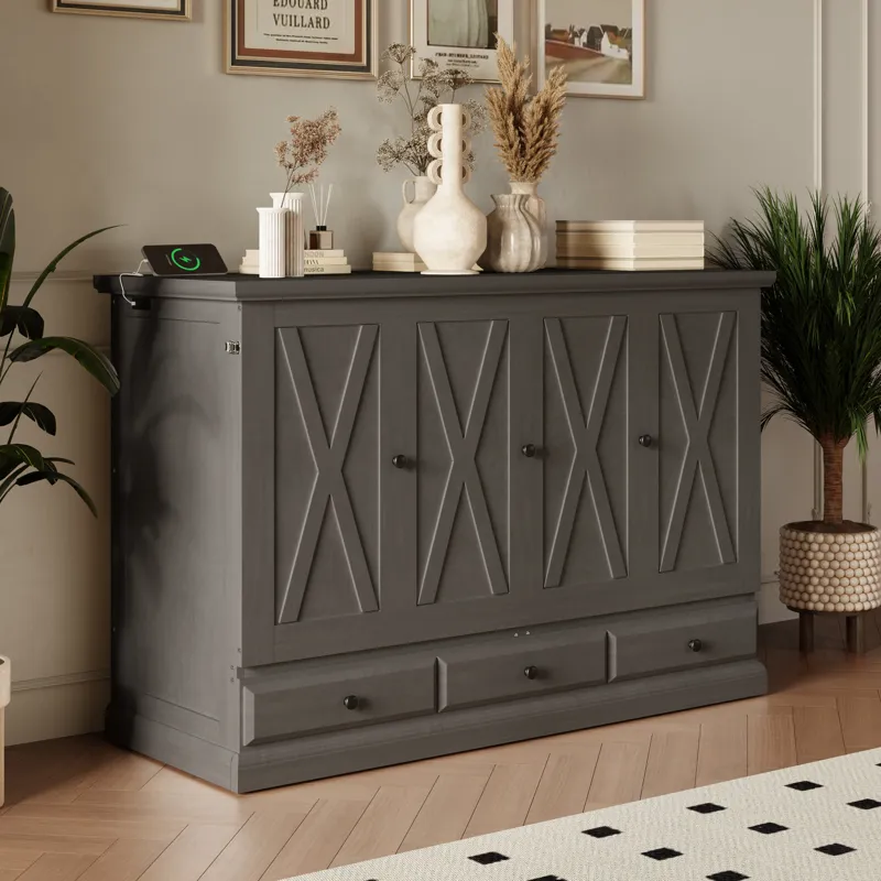 Full Solid Pine Murphy Bed Chest Cube Cabinet Bed With Charging Station And Large Storage Drawer For
