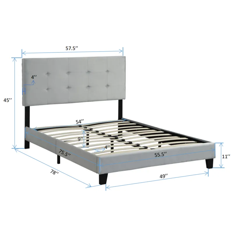 Full Size Upholstered Platform Bed Frame With Pull Point Tufted Headboard, Strong Wood Slat Support,