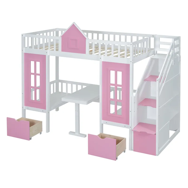 Twin Over Twin Bunk Bed With Changeable Table, Bunk Bed Turn Into Upper Bed And Down Desk - Pink