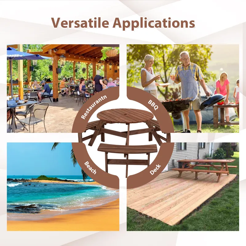6 Person Circular Outdoor Wooden Picnic Table For Patio, Backyard, Garden, Diy With 3 Built-In Bench