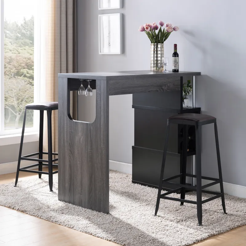 Home Bar Table With Wine Glass Compartment And Three Shelves - Distressed Grey & Black