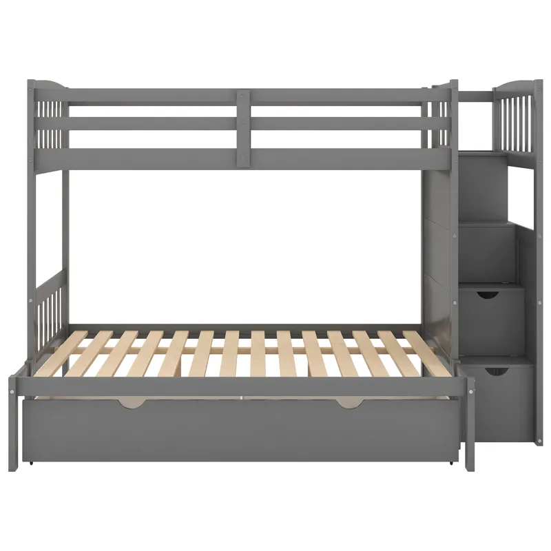 Twin Over Full / Twin Bunk Bed, Convertible Bottom Bed, Storage Shelves And Drawers - Gray