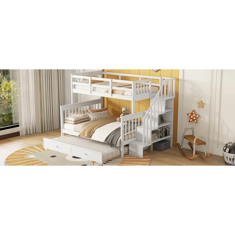 Twin Over Full Bunk Bed With Twin Size Trundle, Storage And Guard Rail For Bedroom, Dorm, For Adults