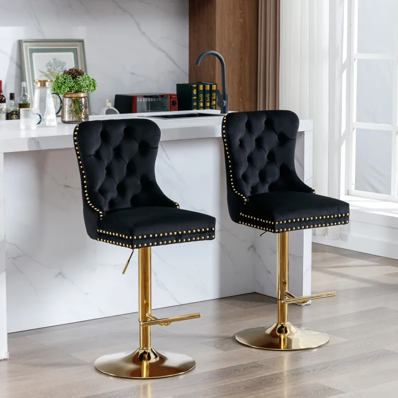 Thick Golden Swivel Velvet Barstools Adjusatble Seat Height From 27-35\", Modern Upholstered Bar Sto