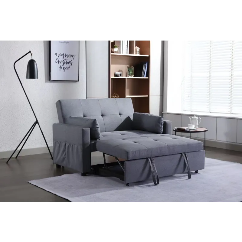 2 Seaters Slepper Sofa Bed Linen Fabric 3-In-1 Convertible Sleeper Loveseat With Side Pocket - Dark 