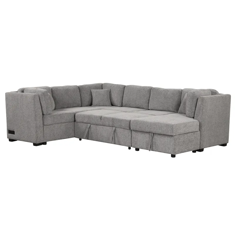 U-Shaped Sectional Sofa Pull Out Sofa Bed With Two USB Ports, Two Power Sockets, Three Back Pillows 