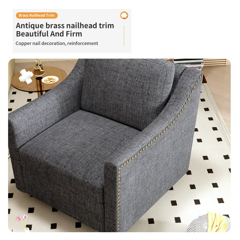 360 Degree Swivel Armchair Cotton Linen Skin-Friendly Fabric Ergonomic Design Brass Nail Decorative 