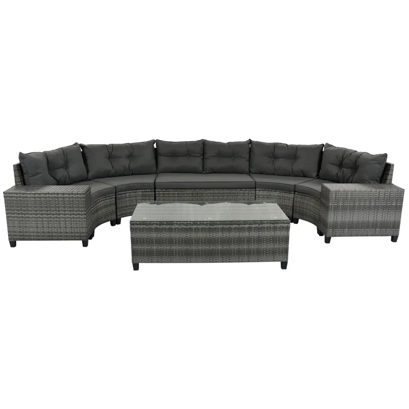 8 Pieces Outdoor Wicker Round Sofa Set, Half-Moon Sectional Sets All Weather, Curved Sofa Set With R