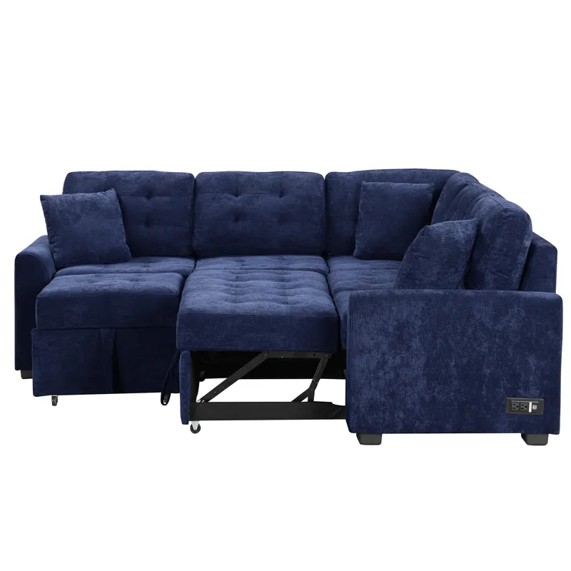 L-Shape Sofa Bed Pull-Out Sleeper Sofa With Wheels, USB Ports, Power Sockets For Living Room - Navy 