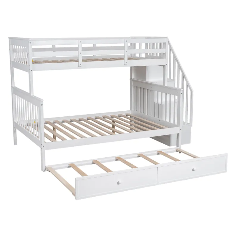 Twin Over Full Bunk Bed With Twin Size Trundle, Storage And Guard Rail For Bedroom, Dorm, For Adults