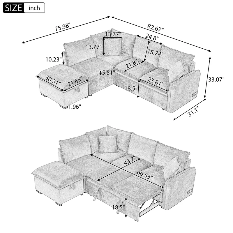 Convertible Sofa Bed Sectional Sofa Sleeper L-Shaped Sofa With A Storage Ottoman, Two Pillows, Two P