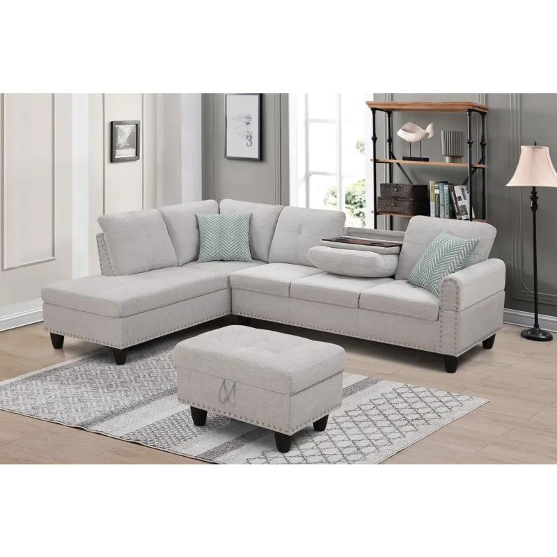 Alger - 98" Wide Left Hand Facing Sofa & Chaise With Ottoman - Light Gray