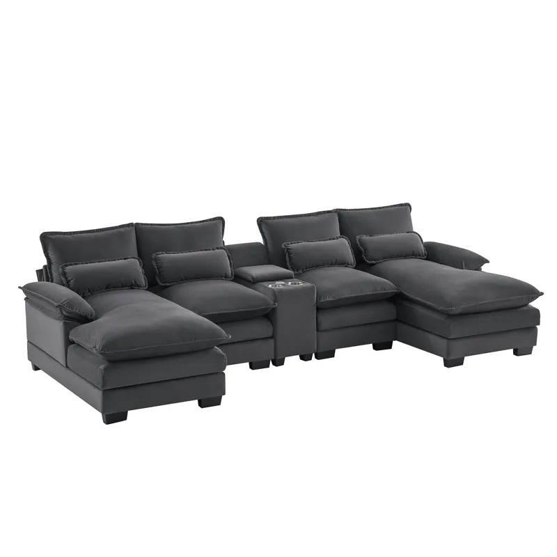 Modern U Shaped Sofa With Console, Cupholders And USB Ports, 6 Seat Upholstered Symmetrical Indoor F