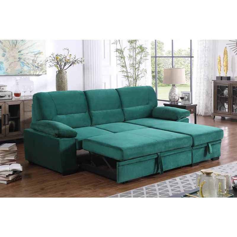 Kipling - Velvet Fabric Reversible Sleeper Sectional Sofa Chaise - Green