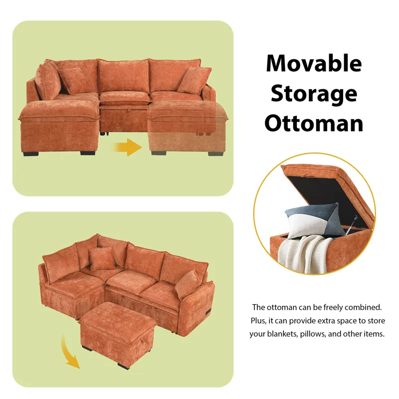 Convertible Sofa Bed Sectional Sofa Sleeper L-Shaped Sofa With A Storage Ottoman, Two Pillows, Two P