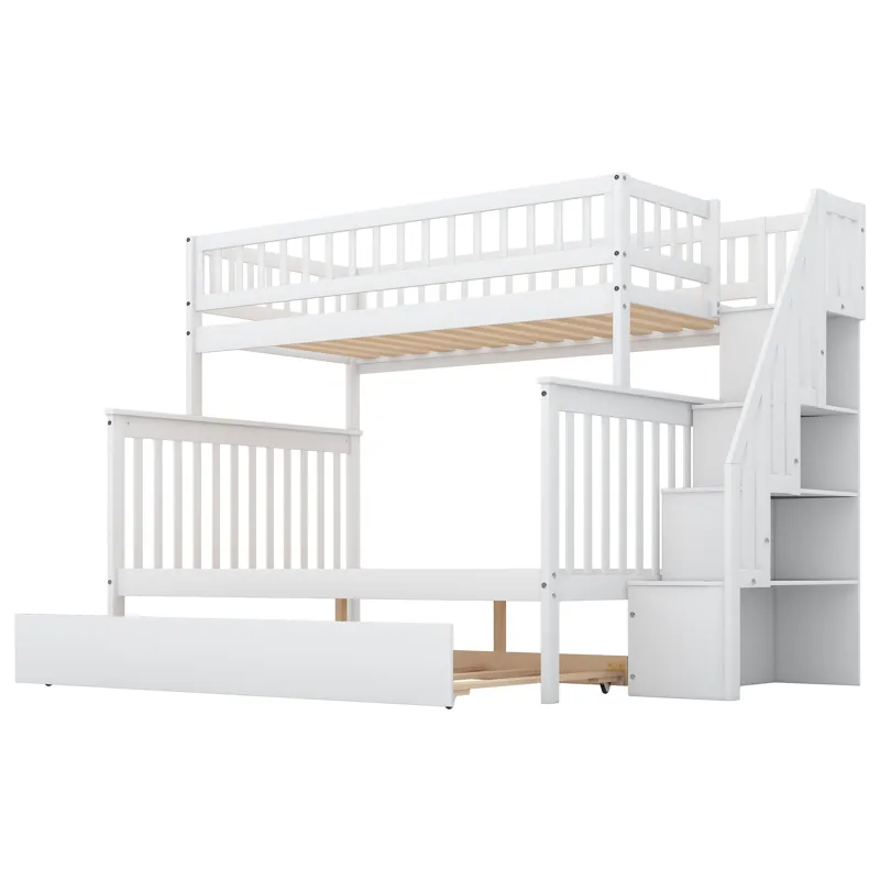 Twin Over Full Bunk Bed With Trundle And Staircase - White