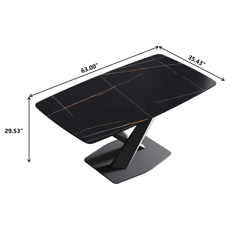 63\" Artificial Stone Black Curved Black Metal Leg Dining Table - Black