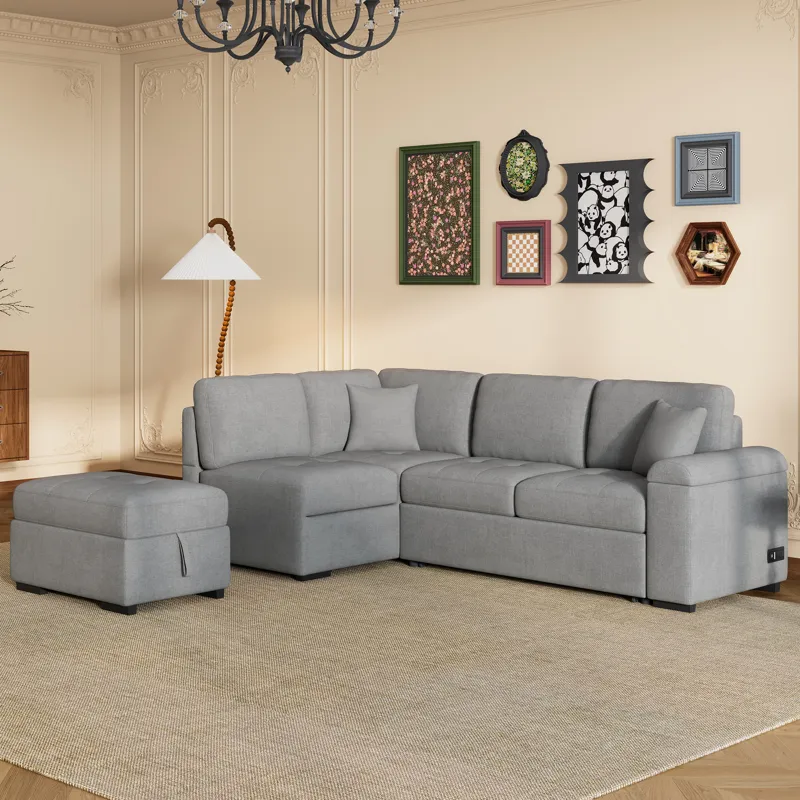 Sleeper Sectional Sofa, L-Shape Corner Couch Sofa - Bed With Storage Ottoman & Hidden Arm Storage & 