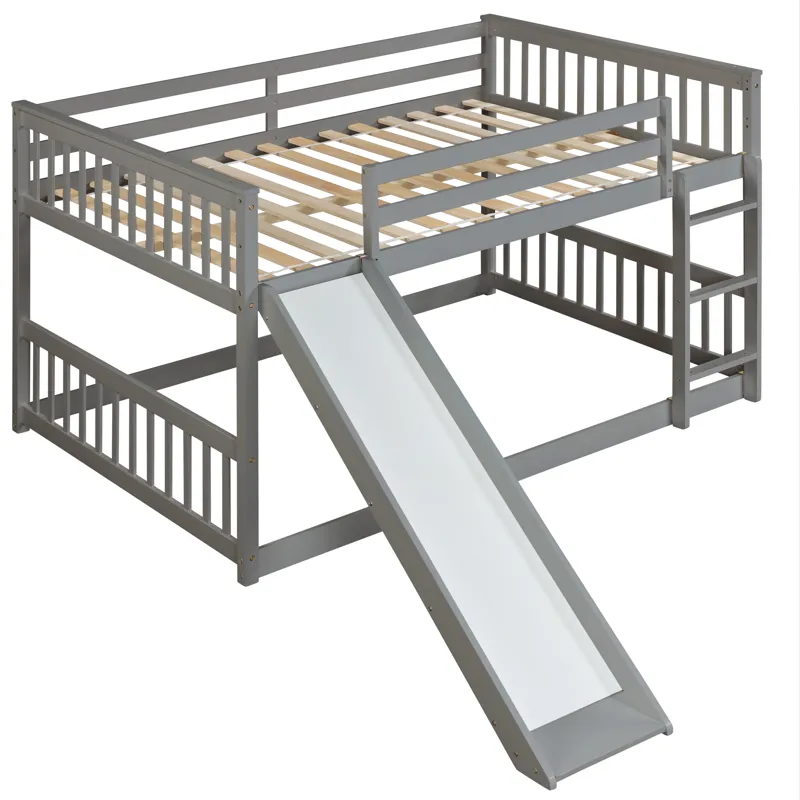 Full Over Full Bunk Bed With Slide And Ladder - Gray