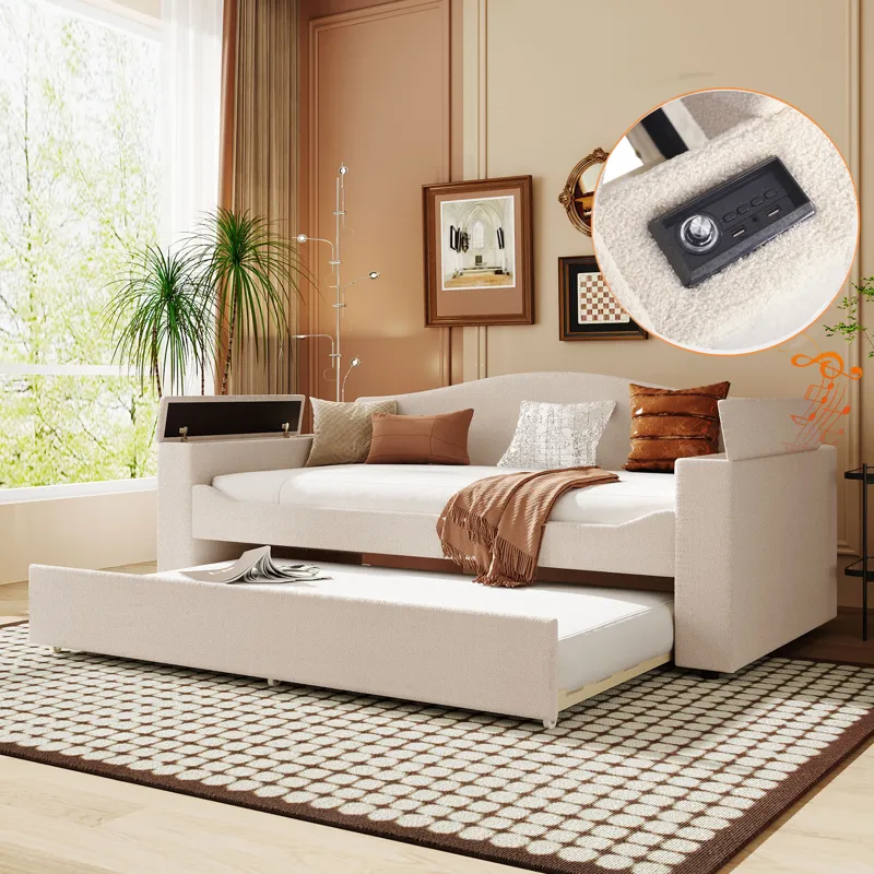 Twin Size Upholstered Daybed With Storage Armrests, Trundle And Latest Integrated Bluetooth Audio Sy
